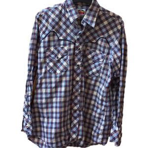 Miller vintage plaid long sleeve shirt with pearl snaps. Men’s size 16.5-35